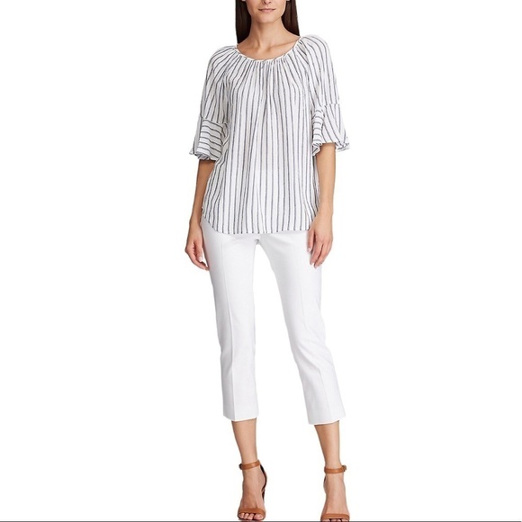 Chaps Ruffled Short Sleeve Peasant Blouse Blue White Striped Large - Picture 2 of 11